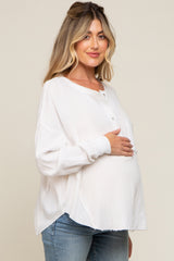 White Front Button Drop Shoulder Long Sleeve Maternity Top