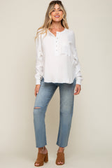 White Front Button Drop Shoulder Long Sleeve Maternity Top