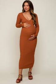 Camel V-Neck Long Sleeve Fitted Maternity Maxi Dress