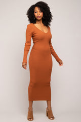 Camel V-Neck Long Sleeve Fitted Maxi Dress