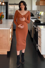 Camel V-Neck Long Sleeve Fitted Maternity Maxi Dress