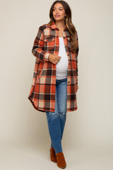 Rust Plaid Fleece Maternity Long Shirt Jacket