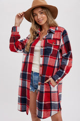 Red Plaid Fleece Maternity Long Shirt Jacket