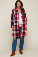 Red Plaid Fleece Maternity Long Shirt Jacket