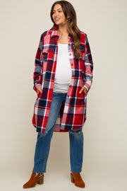 Red Plaid Fleece Maternity Long Shirt Jacket