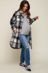 Black Plaid Fleece Maternity Long Shirt Jacket