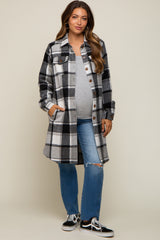 Black Plaid Fleece Maternity Long Shirt Jacket