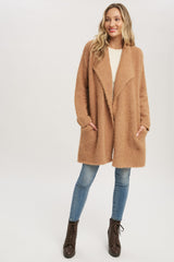 Camel Fuzzy Knit Draped Maternity Cardigan