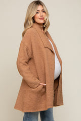 Camel Fuzzy Knit Draped Maternity Cardigan