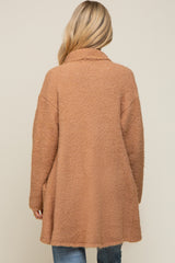 Camel Fuzzy Knit Draped Maternity Cardigan