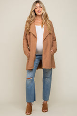 Camel Fuzzy Knit Draped Maternity Cardigan