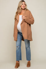 Camel Fuzzy Knit Draped Maternity Cardigan