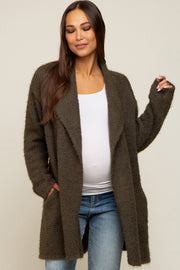 Olive Fuzzy Knit Draped Maternity Cardigan