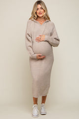 Beige Hooded Maternity Sweater Midi Dress