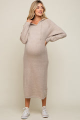 Beige Hooded Maternity Sweater Midi Dress