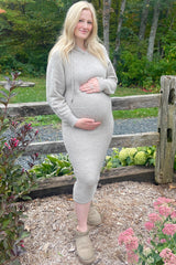 Beige Hooded Maternity Sweater Midi Dress