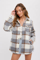 Grey Plaid Fleece Maternity Shirt Jacket