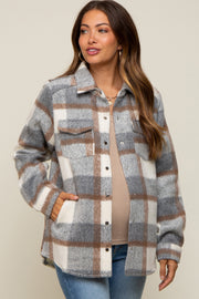 Grey Plaid Fleece Maternity Shirt Jacket