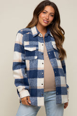 Navy Plaid Fleece Maternity Shirt Jacket