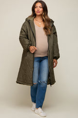 Olive Quilted Long Maternity Puffer Jacket