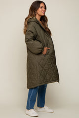 Olive Quilted Long Maternity Puffer Jacket