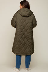 Olive Quilted Long Maternity Puffer Jacket