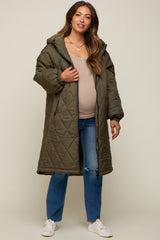 Olive Quilted Long Maternity Puffer Jacket