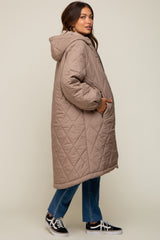 Light Taupe Quilted Long Maternity Puffer Jacket