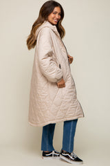 Beige Quilted Long Maternity Puffer Jacket