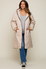 Beige Quilted Long Maternity Puffer Jacket