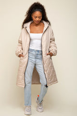 Beige Quilted Long Maternity Puffer Jacket