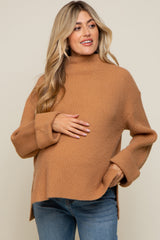 Camel Mock Neck Chunky Knit Maternity Sweater