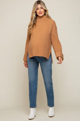 Camel Mock Neck Chunky Knit Maternity Sweater