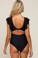 Black Ladder V-Neck Back Cutout Maternity One-Piece Swimsuit