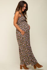 Black Sleeveless Floral Smocked Ruffle Maternity Jumpsuit