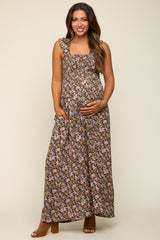 Black Sleeveless Floral Smocked Ruffle Maternity Jumpsuit