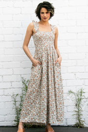 Beige Sleeveless Floral Smocked Ruffle Jumpsuit