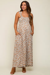 Beige Sleeveless Floral Smocked Ruffle Maternity Jumpsuit