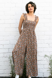 Mocha Sleeveless Floral Smocked Ruffle Jumpsuit