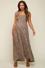 Mocha Sleeveless Floral Smocked Ruffle Maternity Jumpsuit