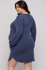 Navy Rib Knit Long Sleeve Maternity Plus Dress