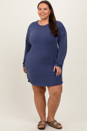 Navy Rib Knit Long Sleeve Plus Dress