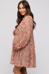 Grey Floral Chiffon Ruffle Mock Neck Tiered Maternity Dress