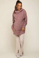 Mauve Fleece Hooded Long Maternity Sweater