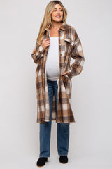 Mocha Plaid Button Front Long Maternity Coat