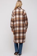 Mocha Plaid Button Front Long Maternity Coat