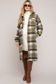 Olive Plaid Button Front Long Maternity Coat