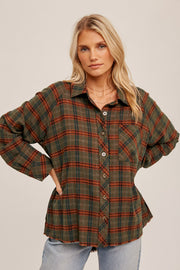 Olive Plaid Button Down Raw Edge Flannel Top