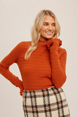 Rust Textured Knit Ruffle Mock Neck Top