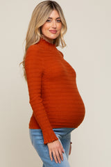 Rust Textured Knit Ruffle Mock Neck Maternity Top